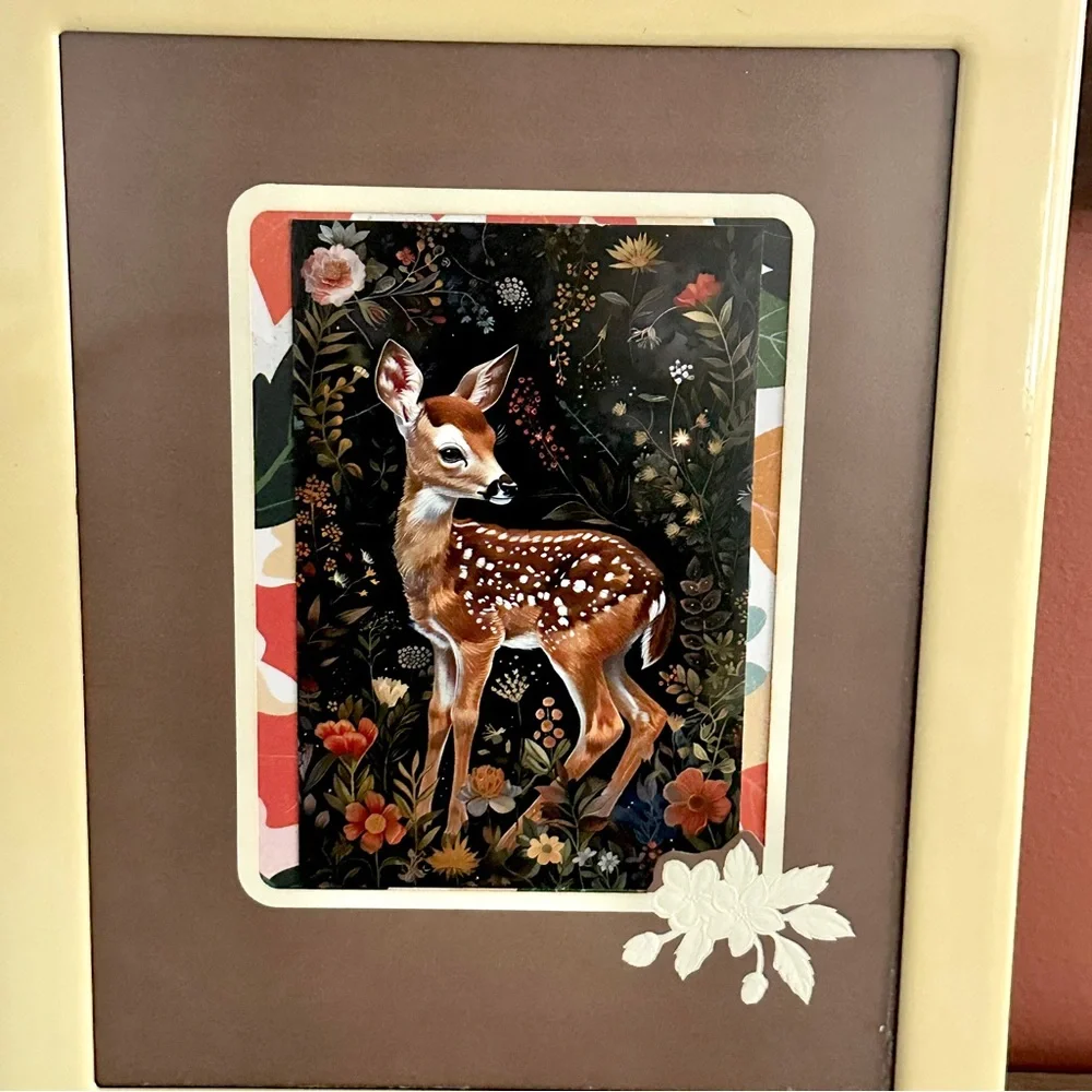Vintage Frame Deer Postcard Moody Floral Fawn Gold Framed Wall Art Nature Boho